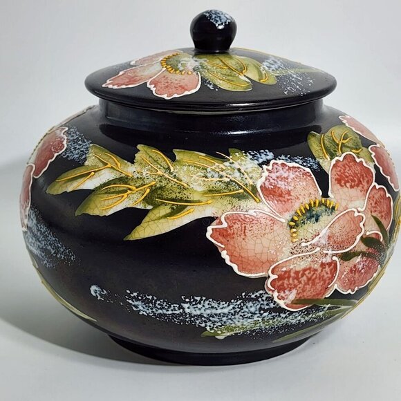 Hand-Painted Black Ceramic Jar Lid Pink & Green Floral Motif Fredrick Cooper - Picture 2 of 12
